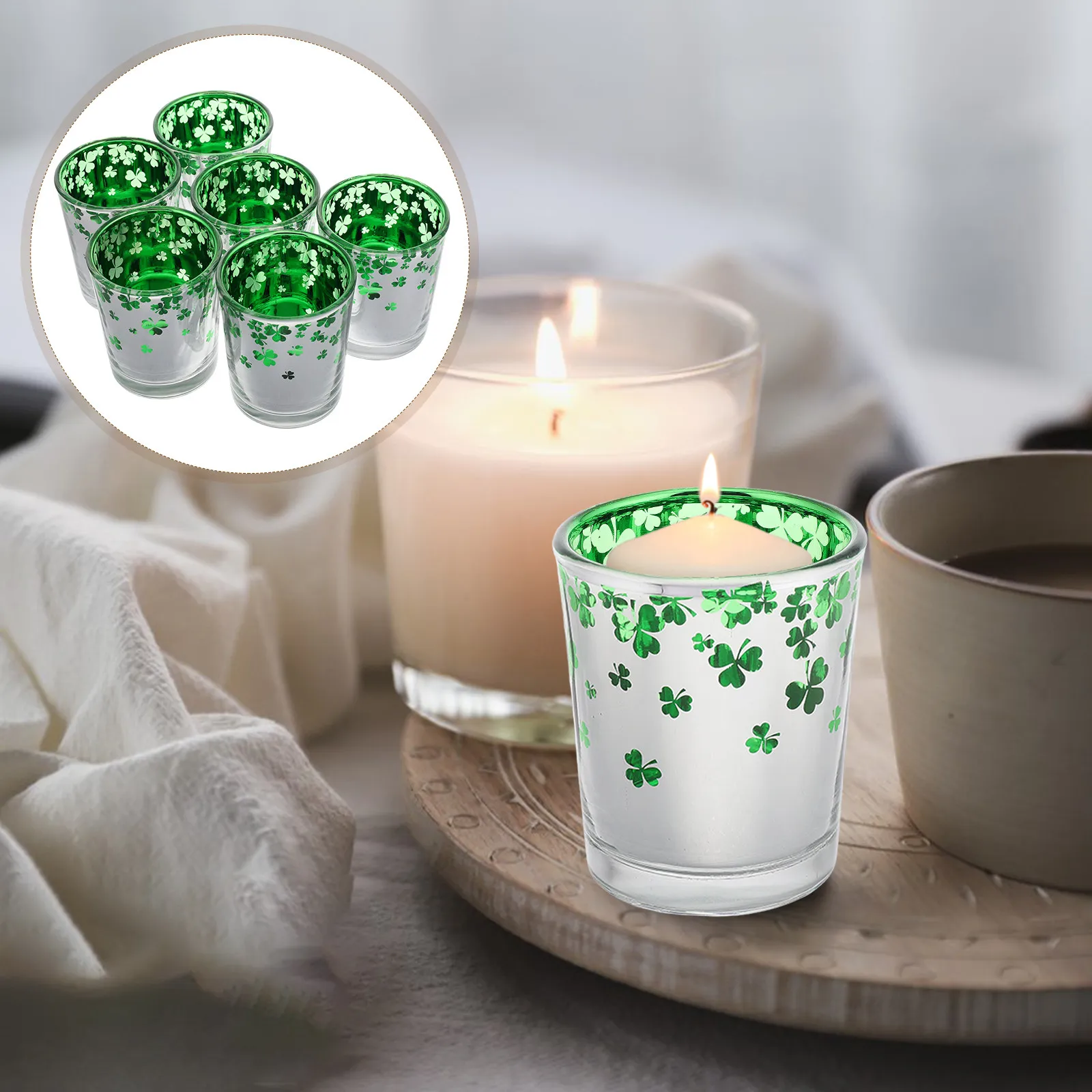 Support en verre vert festif avec motif trèfle pour la Saint-Patrick, porte-bougie chauffe-plat, décoration de centre de table pour fête de fin d'année