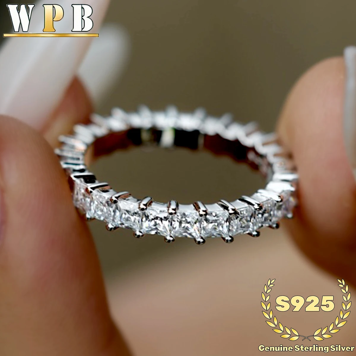 

Genuine S925 Sterling Silver Princess Cut Zircon Ring-2.5mm Full Set Square Diamond Band Luxury Bridal Daily Wear Gift for Women