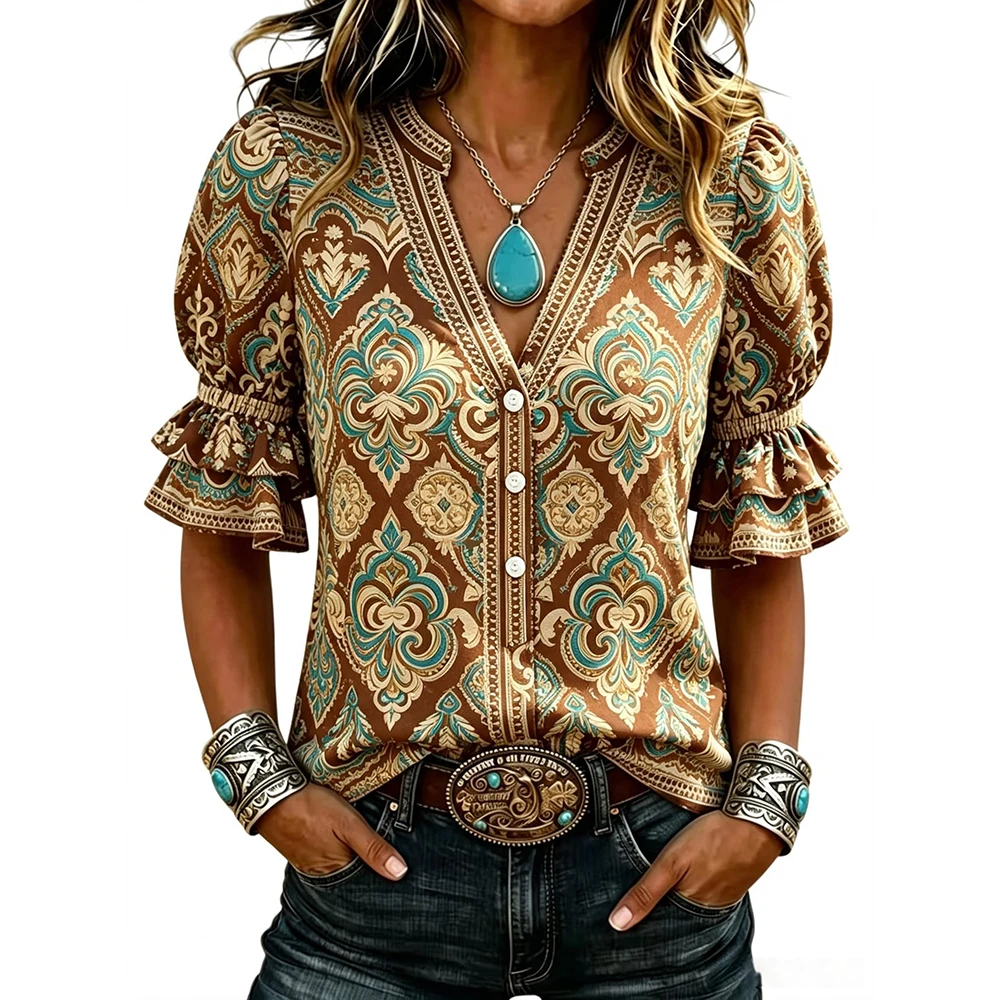 Button V Neck Tops Women Bohemian Damask Print Ruffle Sleeve Casual Blouses Chic Summer Shirts