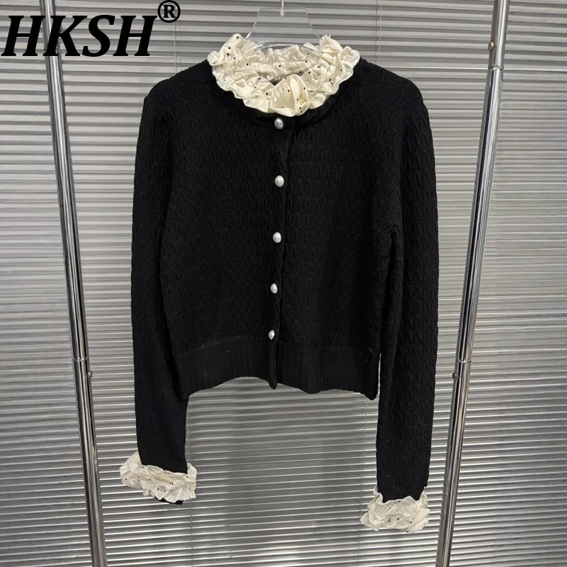 

HKSH осень-зима новое женское пальто с рюшами на воротнике в стиле пэчворк контрастного цвета однобортный элегантный вязаный кардиган HK15472