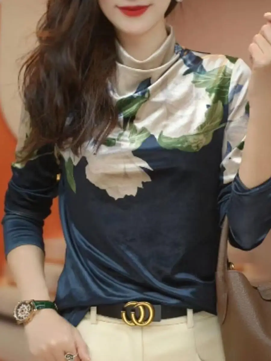   Samt-Langarmshirt mit Print für Damen, hochwertig, modisch, schlankmachend, Anti-Aging, trendig, Herbst-Winter, Neuheit