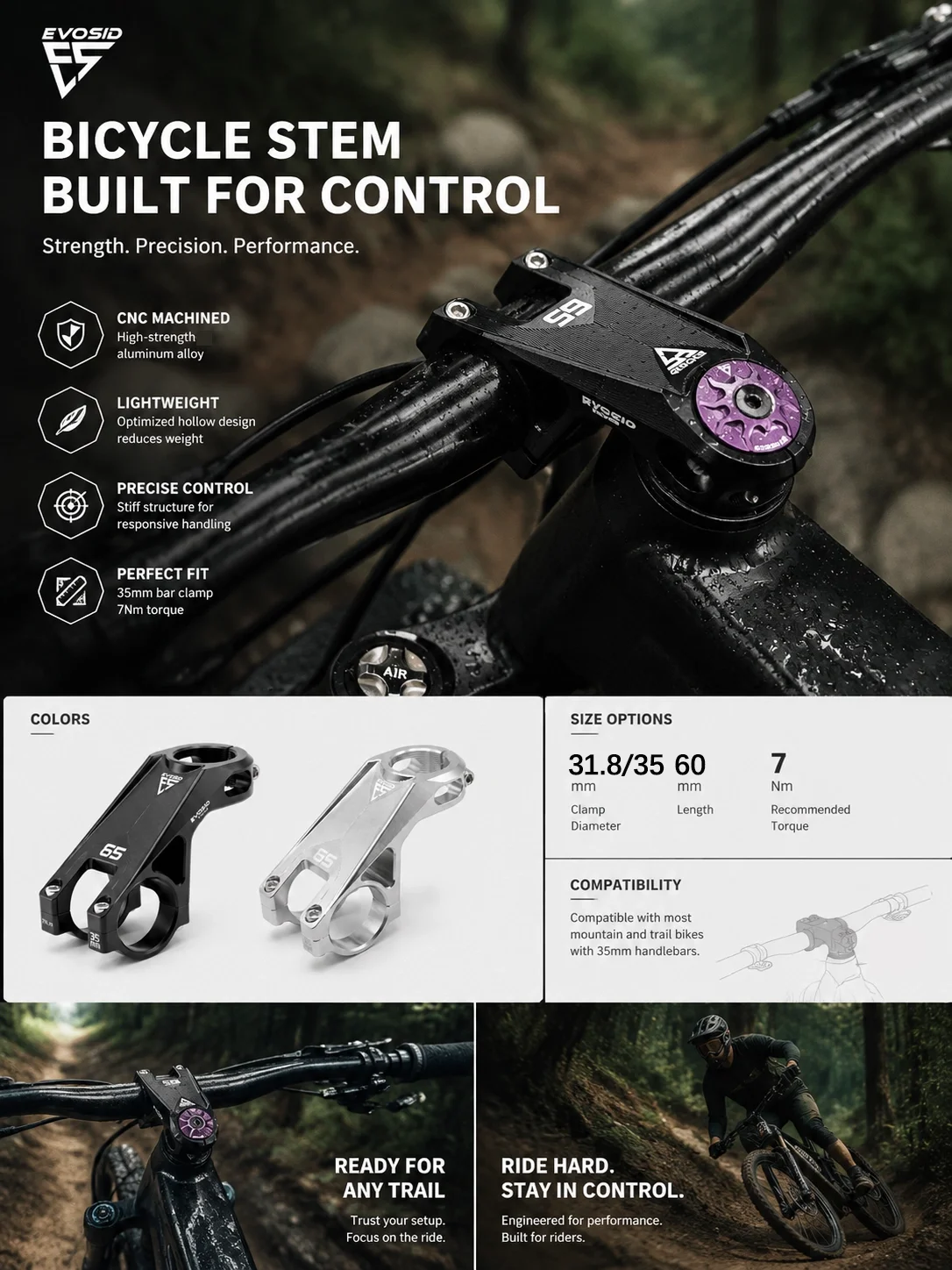 EVOSID MTB Fahrradvorbau 35mm Rennrad-Lenkererhöhung 31.8mm Mountainbike-Vorbau Racing Downhill DH AM XC Fahrradteil – Detail 6