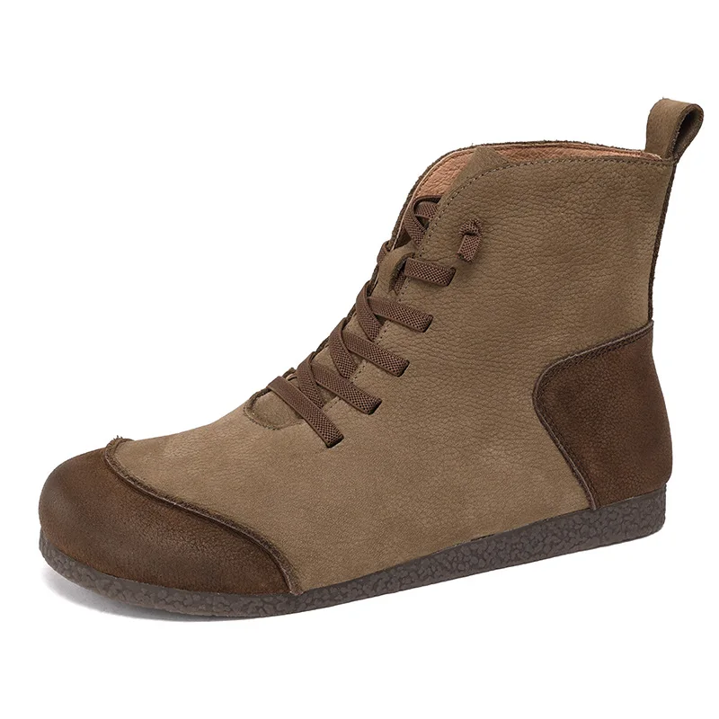 Spell Colors Soft Full Genuine Leather Vintage Leather High Top Women's Boots Round Head Stitching National Wind Single Shoes