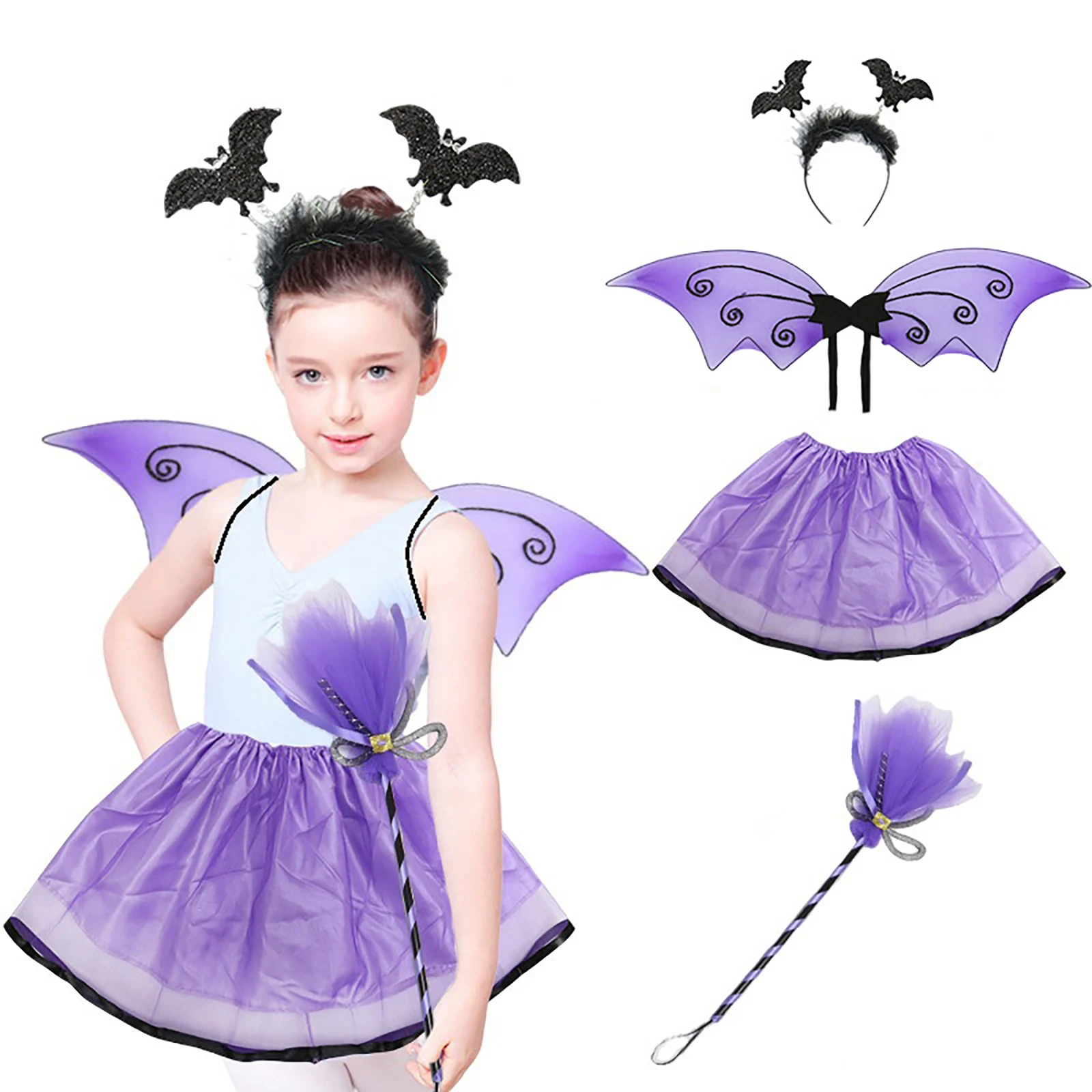 4Pcs Girl Halloween Bat Elf Cosplay Costume Short Skirt with Bat Wings Head Hoop Mesh Broom Set Dress Up Party Costume