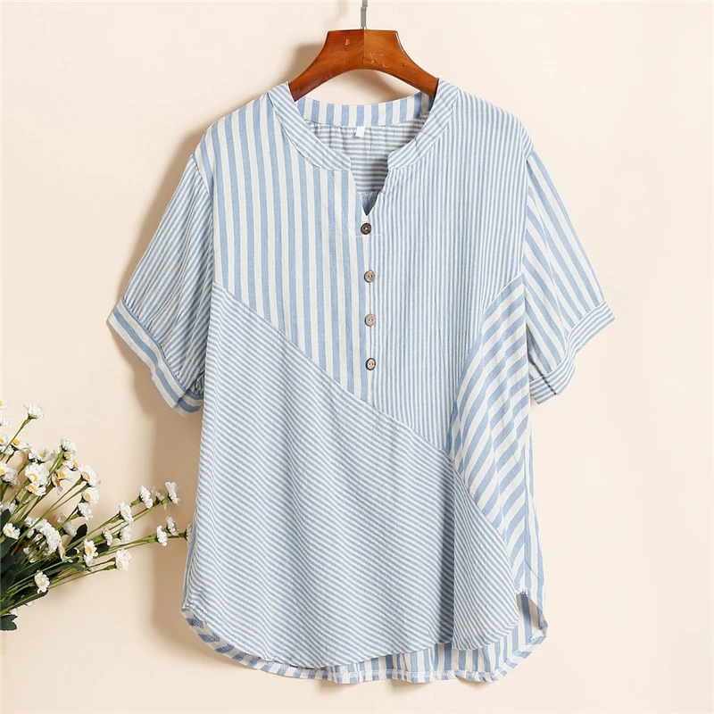 Women Striped Comfortable Cotton Linen Blouse Summer Simple Casual Loose Shirts Asymmetric Short Sleeve Tops Female Blusas Ropa