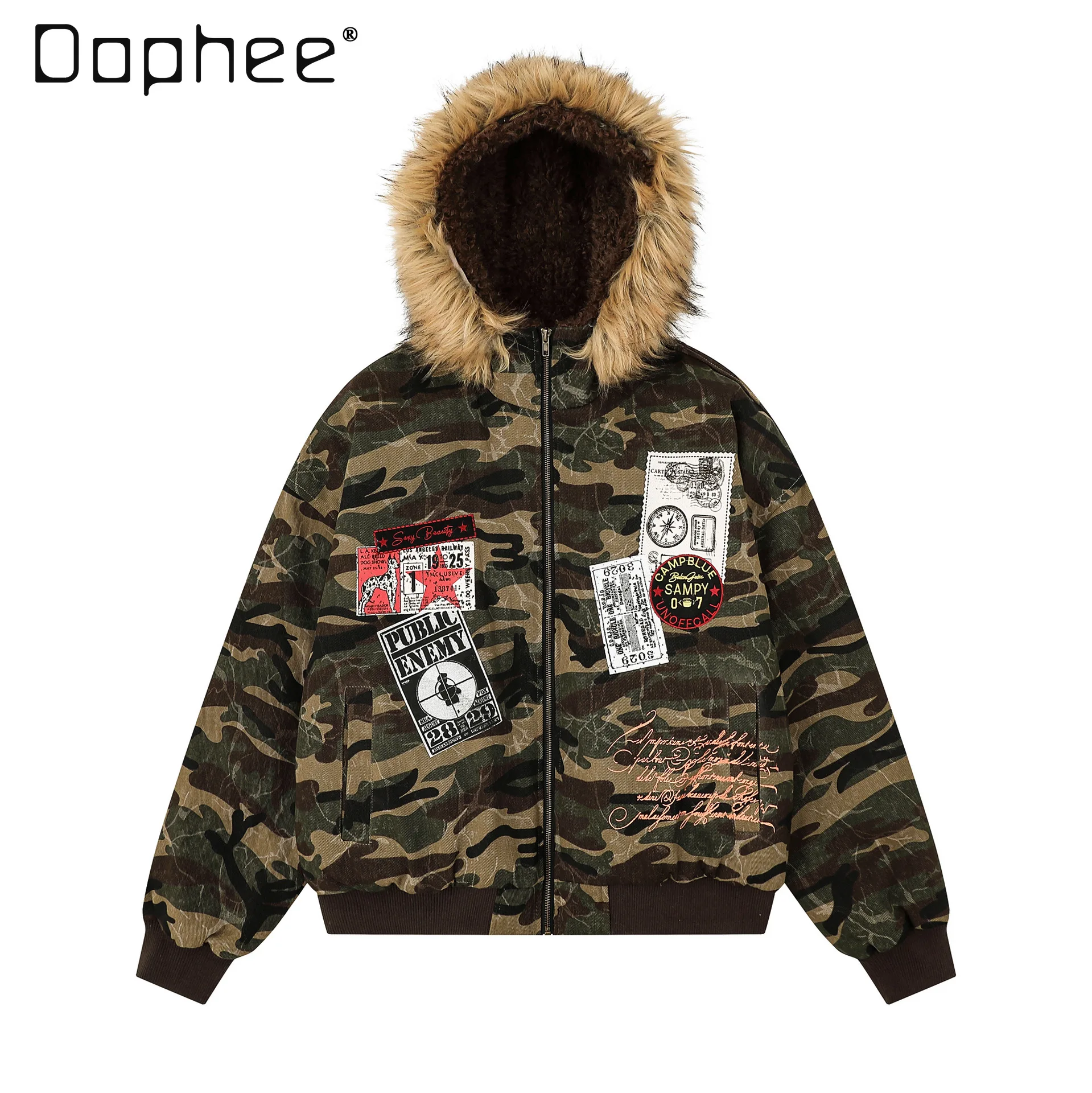 

2025 Winter Retro Detachable Fur Collar Camouflage Hooded Cotton Jacket for Men and Women Couples Loose Casual Warm Coat