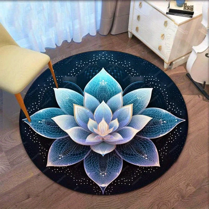 Blue Lotus Flower Round Crystal Velvet Rug Yoga Meditation Room Decor Spiritual Symbol Home Decoration Artistic Floor Mat