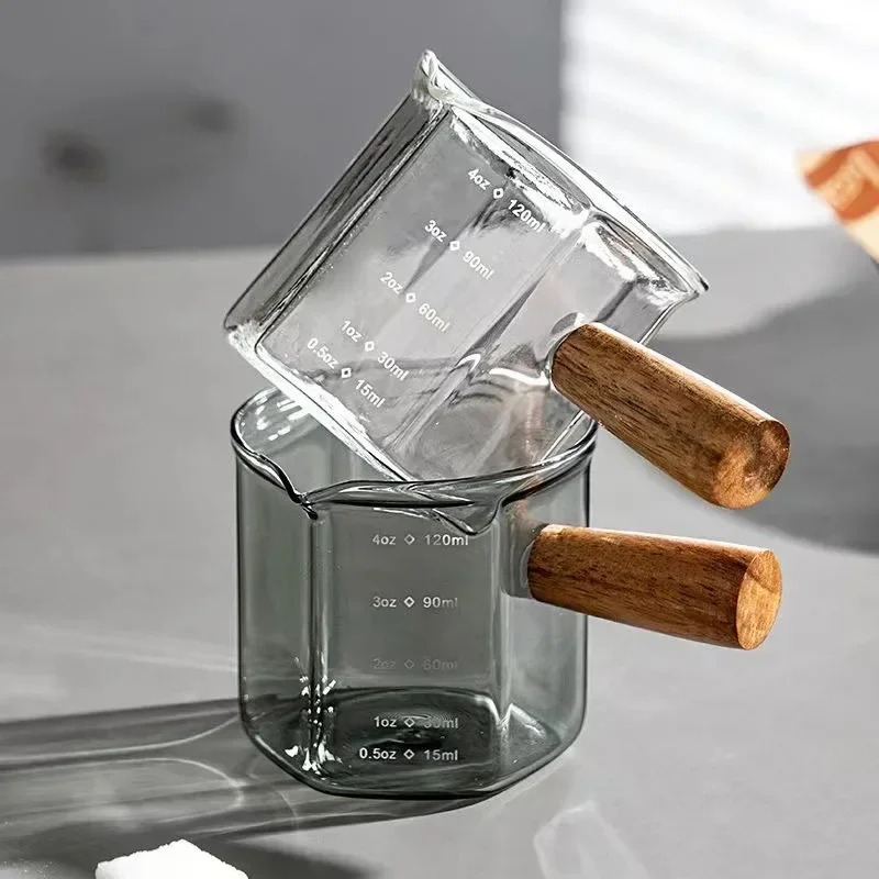 

120ML Espresso Extraction Cups Glass Coffee Cup With Scale & Wooden Handle Single Mouth Measuring Cups Latte Milk Jug ounce cup