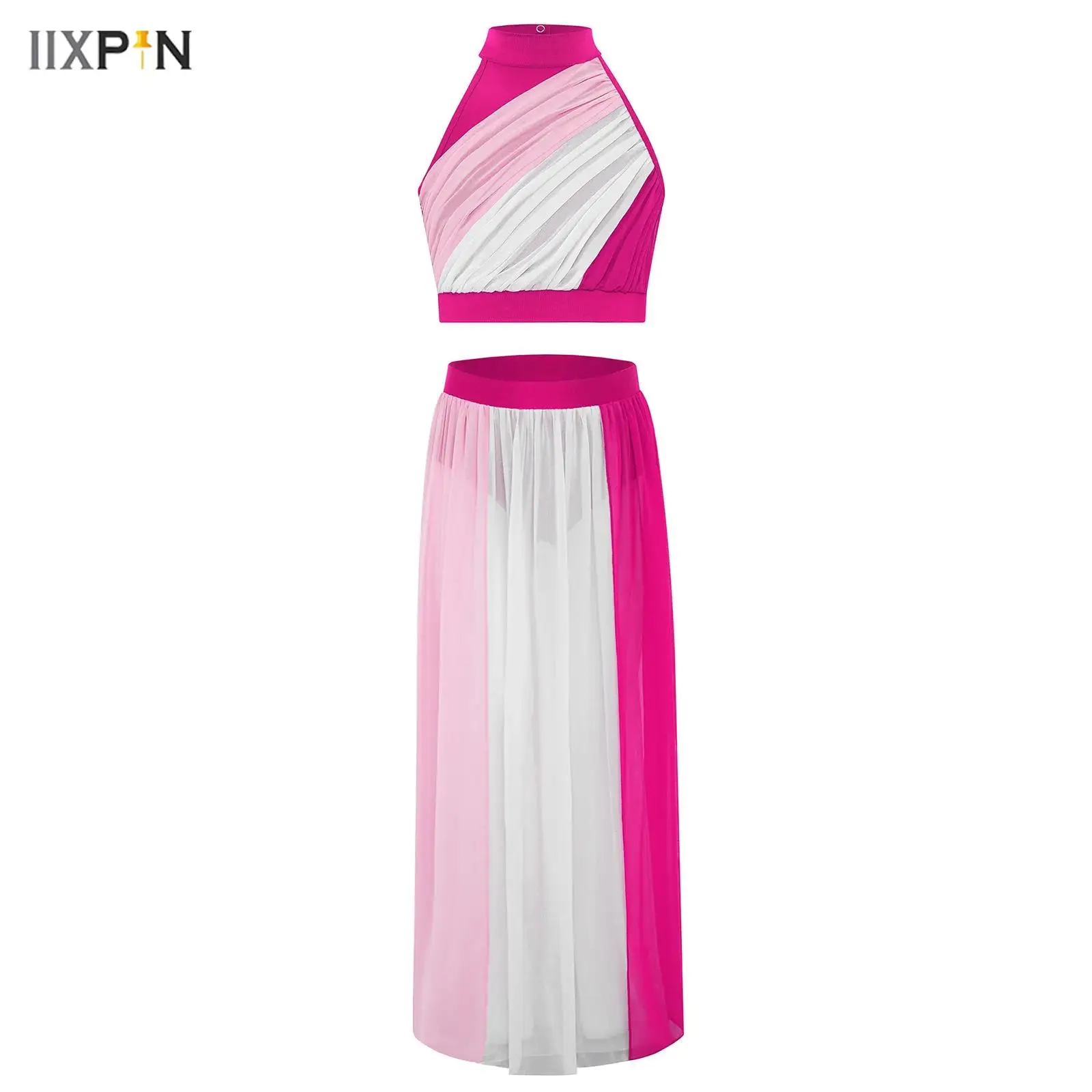

Kids Girls Chiffon Modern Lyrical Dance Outfit Sleeveless Color Block Ruched Front Keyhole Back Crop Top with Split Flowy Skirt