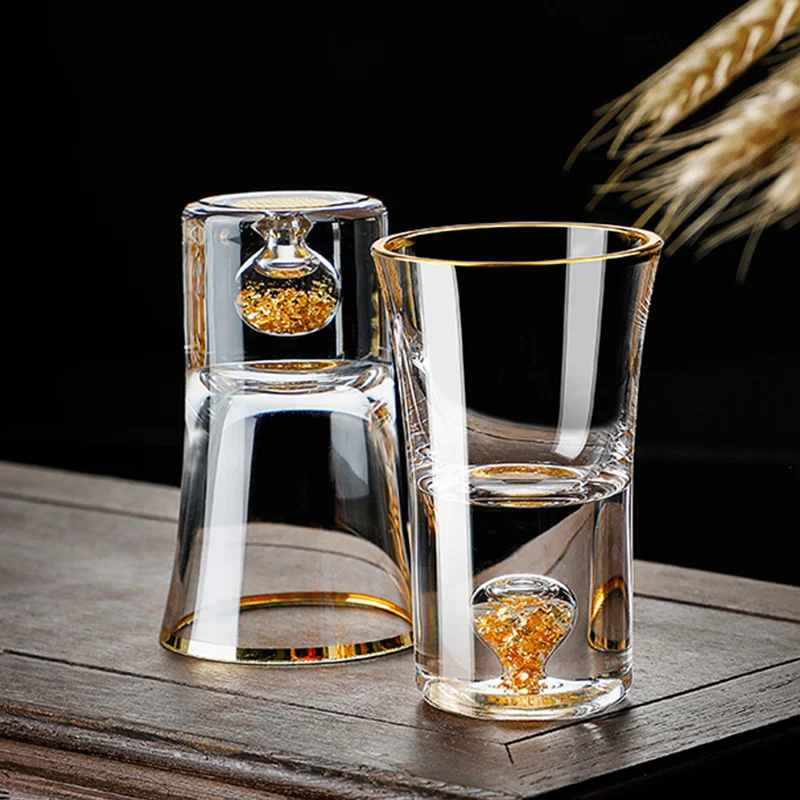 Lead-Free Crystal Glass Gild Built In 24K Gold Leaf Shot Glass Luxury Golden Vodka Spirit Small Wine Glasses Jinshan Gold Foil