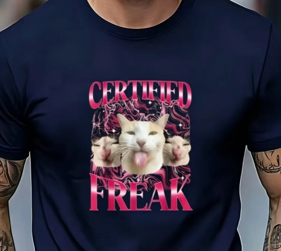 Freak Funny Cat Meme T-Shirt Vibrant Pink Graphic Fit Short Sleeves Teens Adults Sporty Shirt  Fashionable  Durable Casual Wear