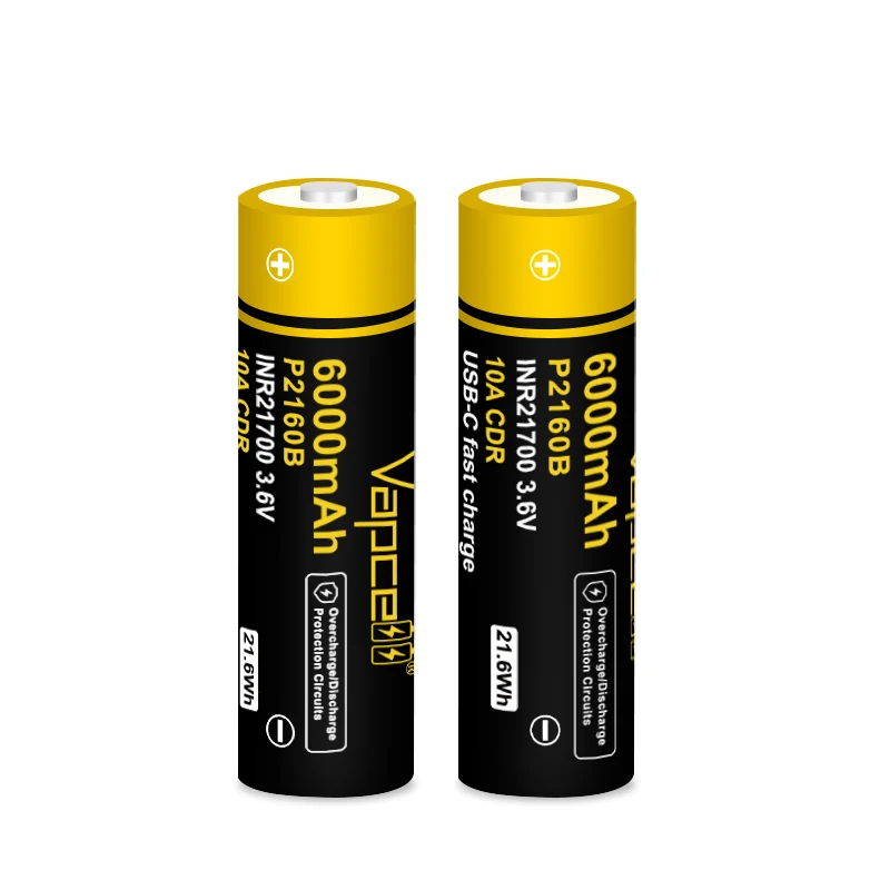 Vapcell 21700 3.6V Li Ion Cell P2160B 6000mah 10A Battery Charger Usb Type-C Fast Charger Portable Power Banks for Cell Phone