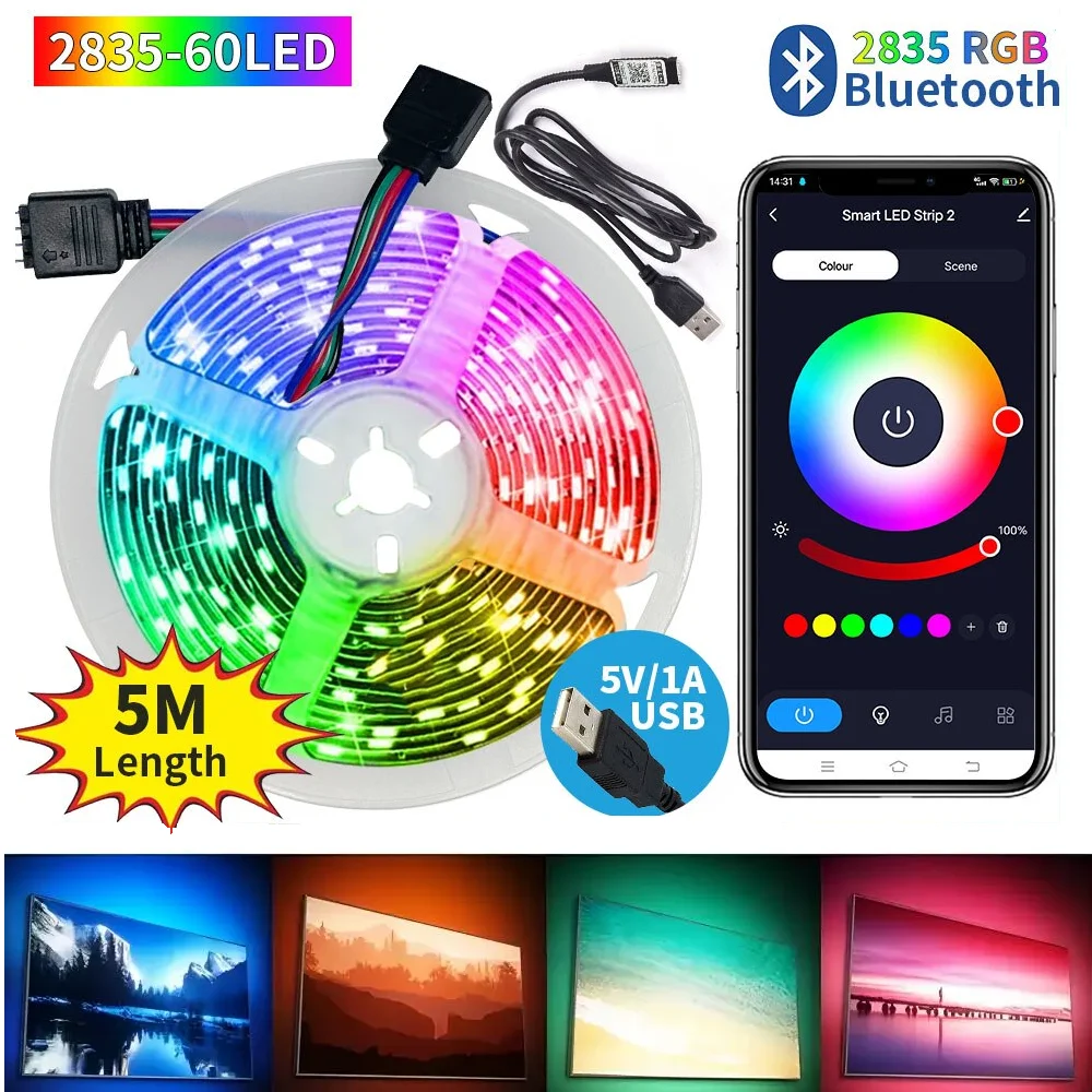 สมาร์ทบลูทูธไฟ LED Strip RGB 2835 5V USB Smart Life APP ควบคุมสําหรับเดสก์ท็อปหน้าจอ TV BackLight ไดโอดแบบยืดหยุ่นเทป