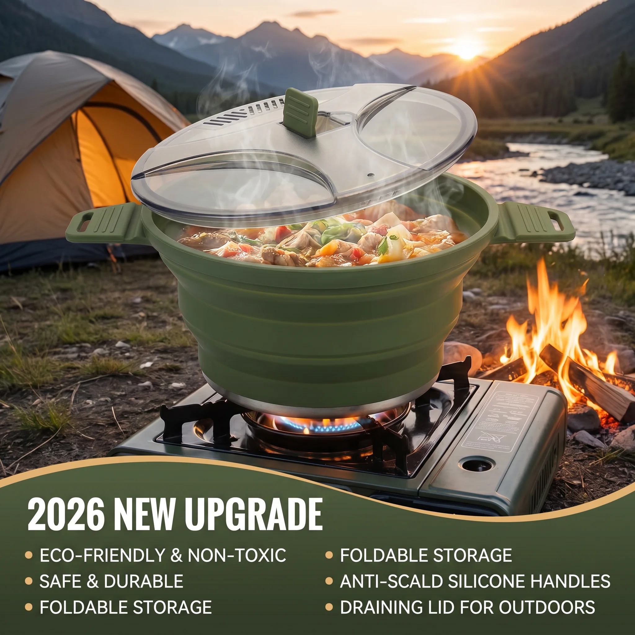 Camping Cooking Open Fire - หม้อพับได้แบบพกพาสำหรับตั้งแคมป์ รุ่นใหม่ปี 2026 ประหยัดพื้นที่ ใช้กับเตาไฟได้ พร้อมหูจับ