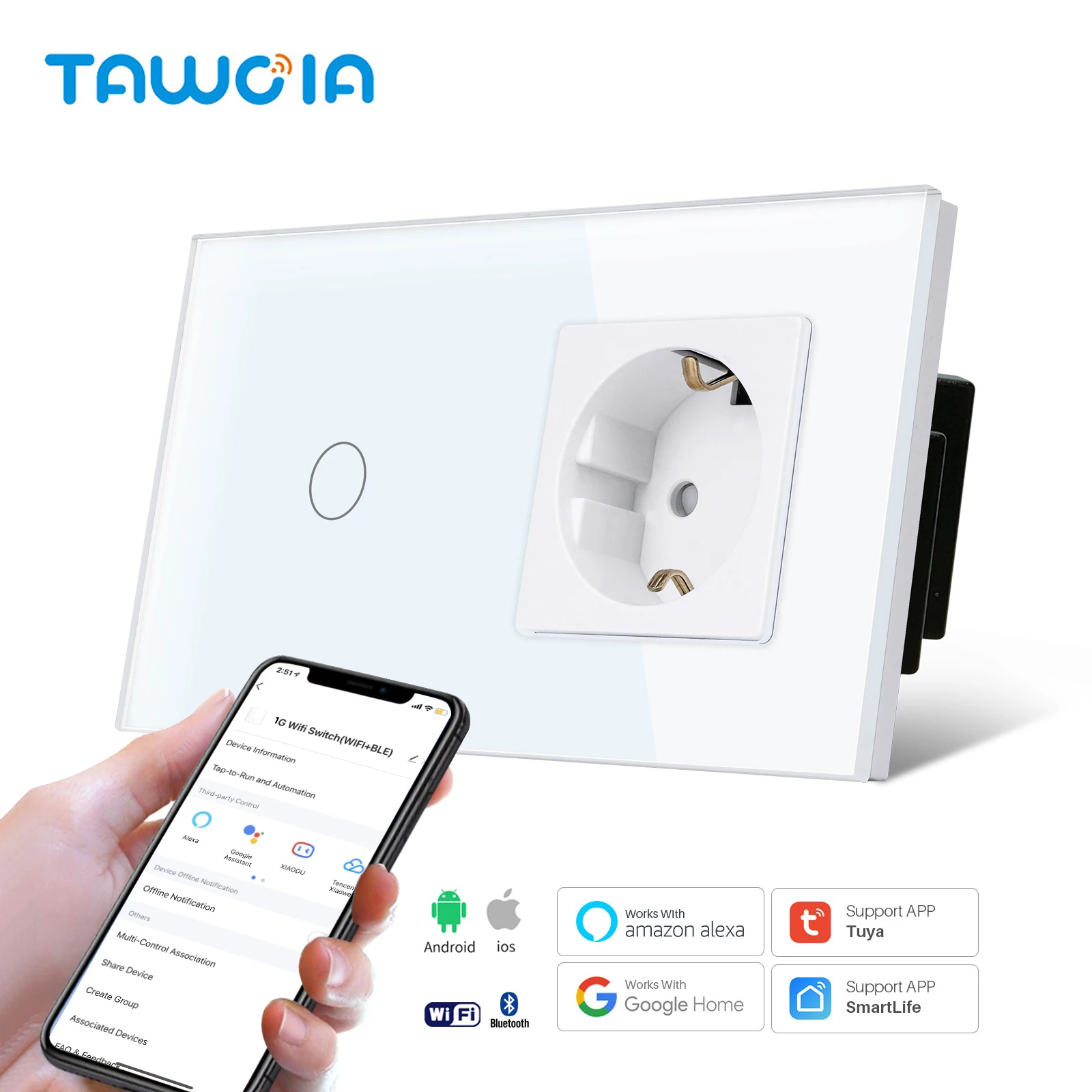 

Normal Socket With WiFi Light Switch, Work With Alexa Google Home, Glass Touch Screen,1x1Way, 16A Socket, Neutral Line Required