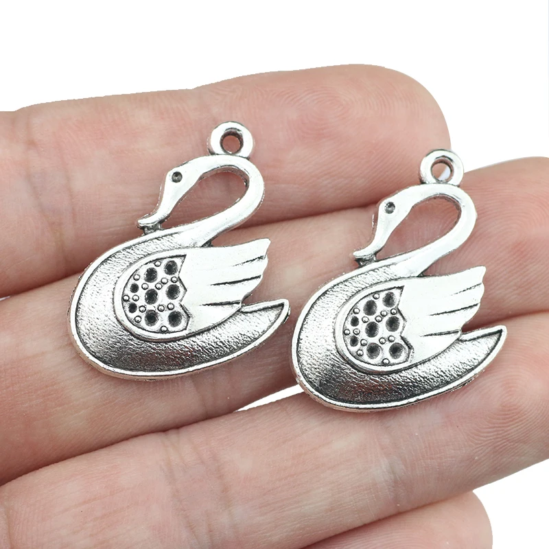 10 Pieces 23*25mm Lovely White Swan Charm Antique Silver Color Charms  For DIY Necklace BraceletJewelry Making