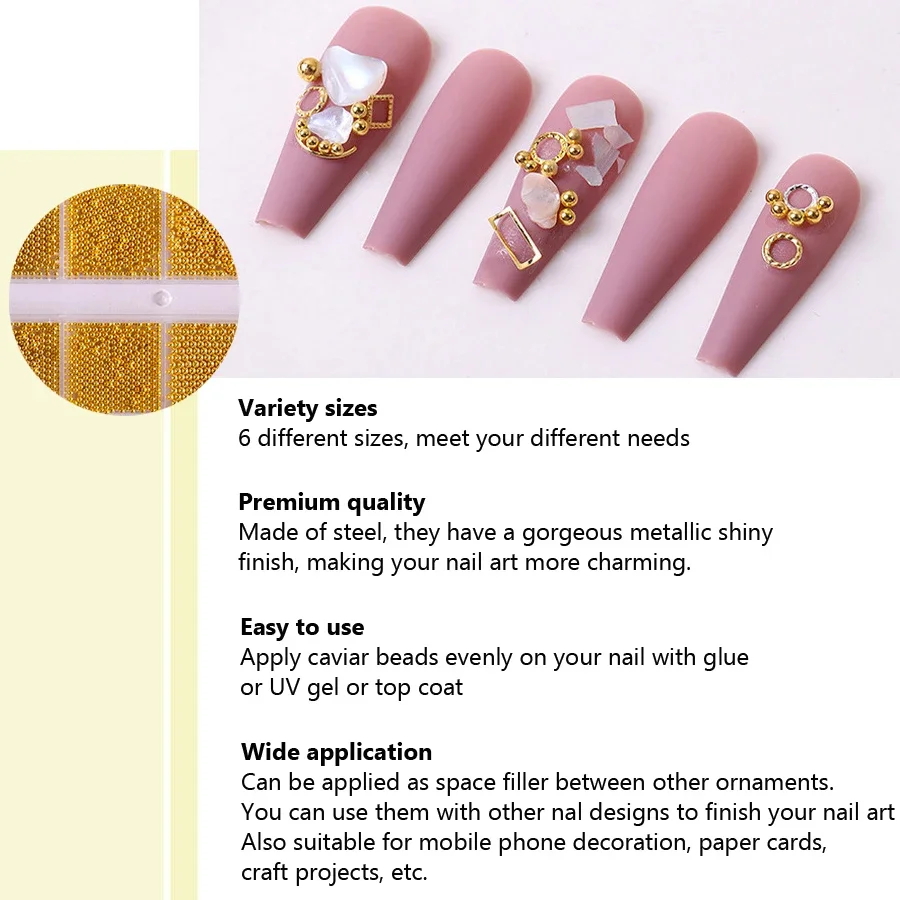 12 حجرة من خرز الكافيار المعدني لفن الأظافر، خرز أظافر معدني مع صندوق لتزيين الأظافر