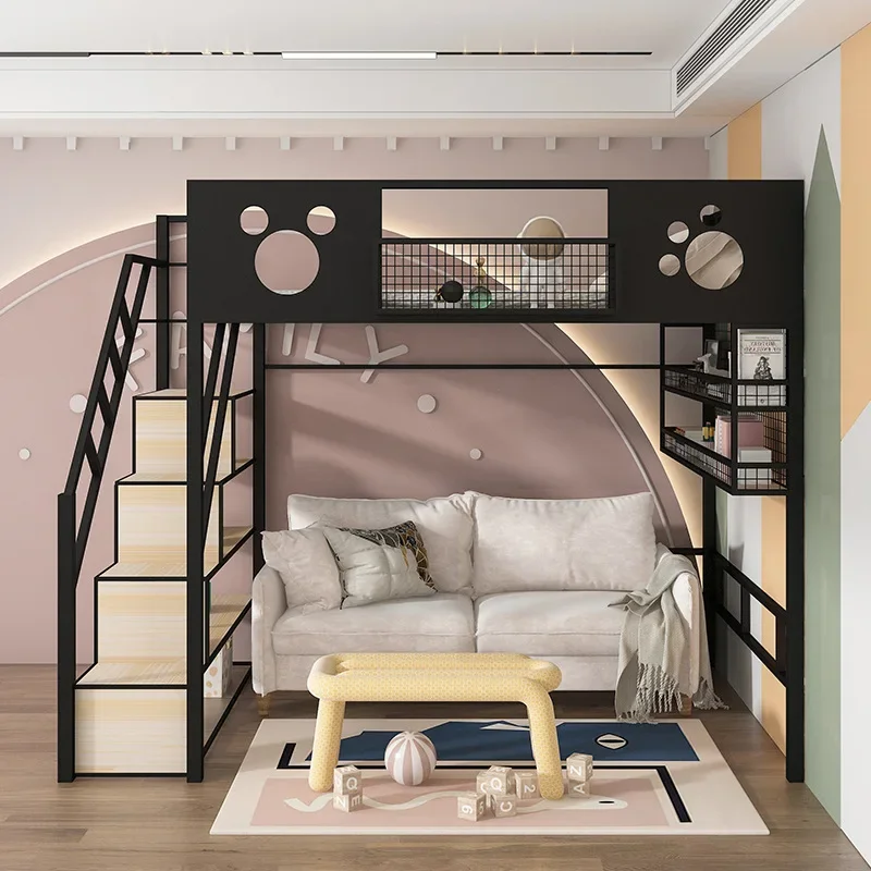 Wrought iron elevated bed multi-functional loft bed simple space-saving small apartment on the bed and under the table