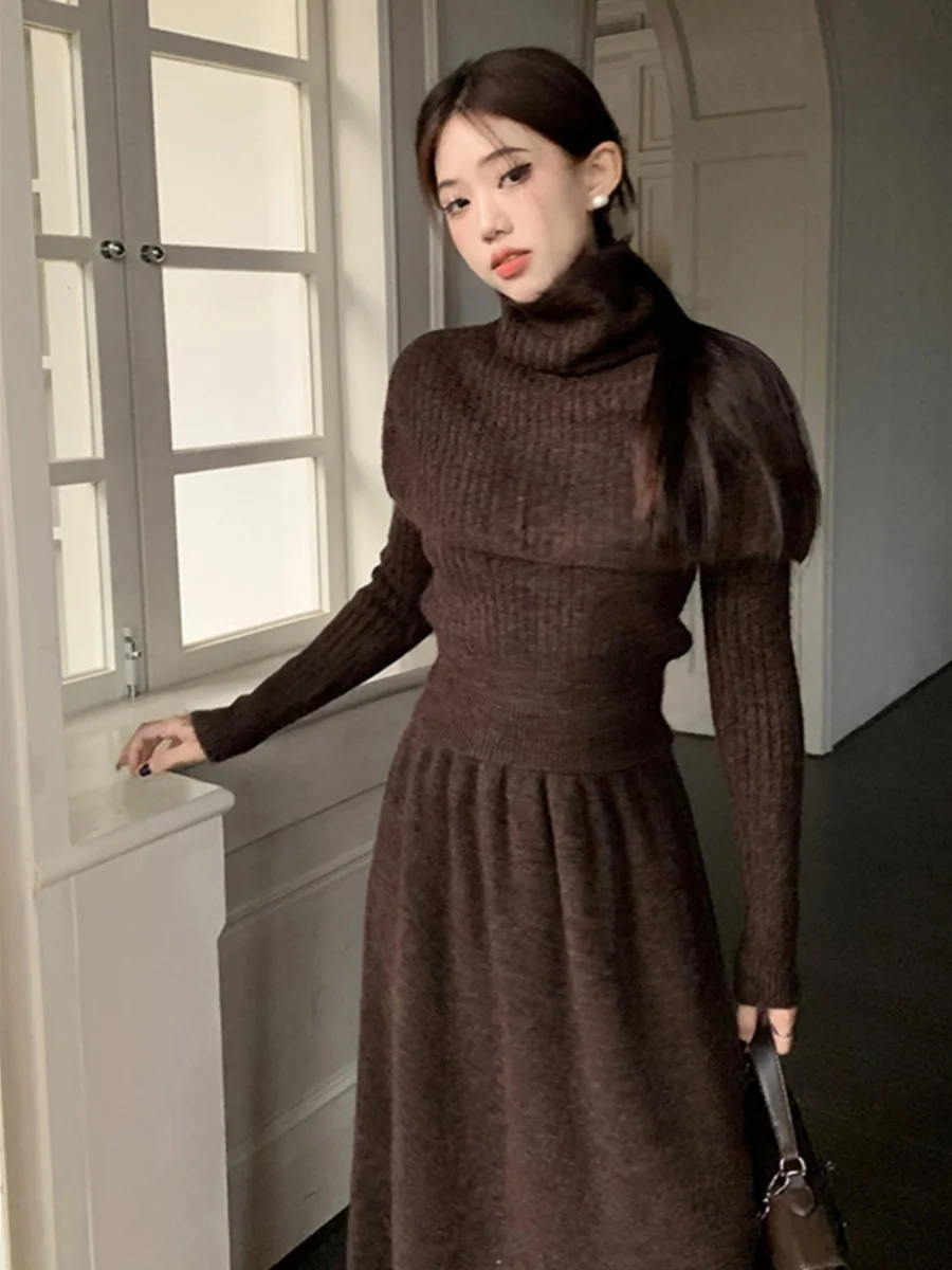 

Зимний модный корейский комплект: вязаный свитер и юбка для женщин, комплект из двух предметов, полиэстер, размер для взрослых