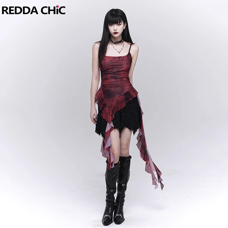 

REDDACHiC Ombre Ruffle Fringe Women Camisole E-girl Dark Tie Dye Mesh Stretchy Sleeveless Top Vest Punk Vintage Summer Clothes