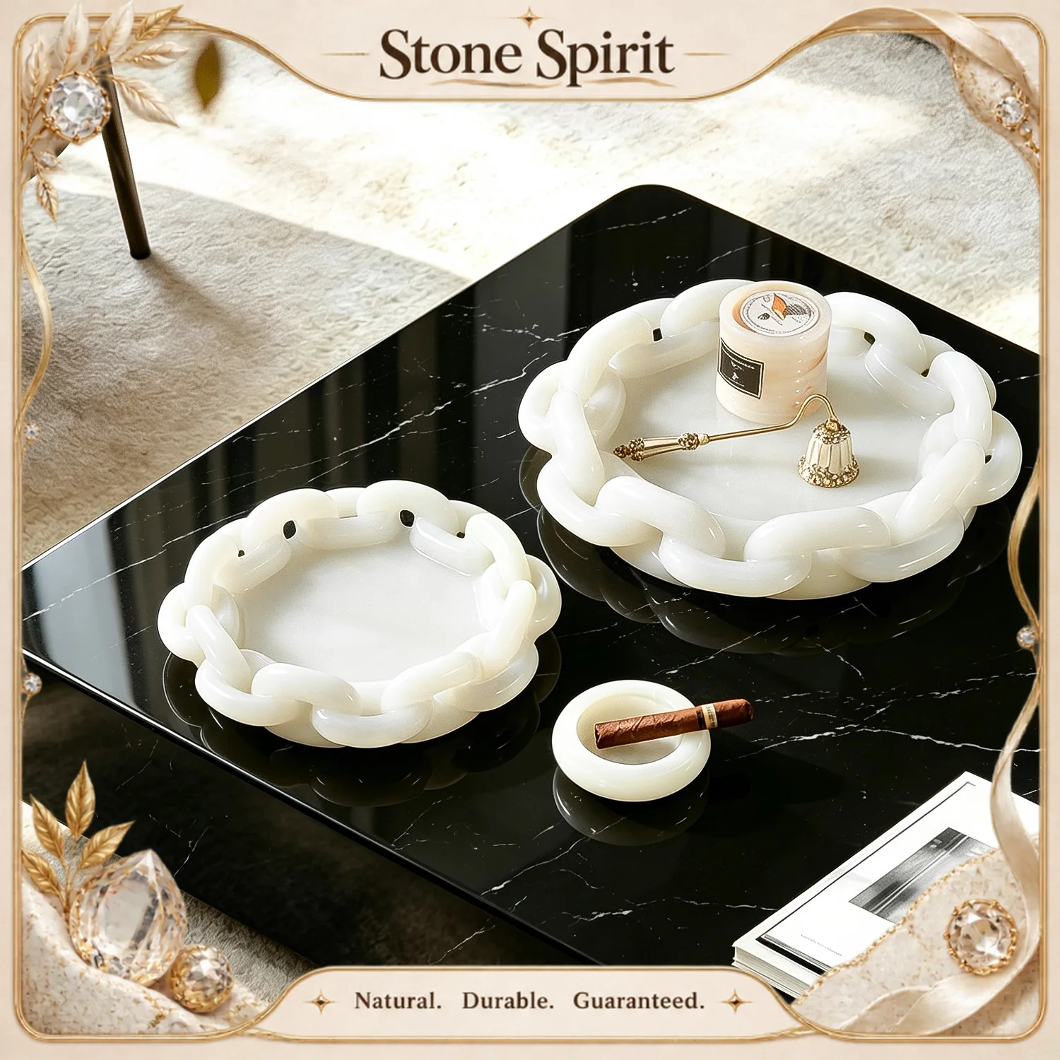 Natural Onyx Marble Tray Hand Carved Chain Link Decor Plate Jewelry Perfume Storage Dish Luxury Coffee Table Candle Display Tray