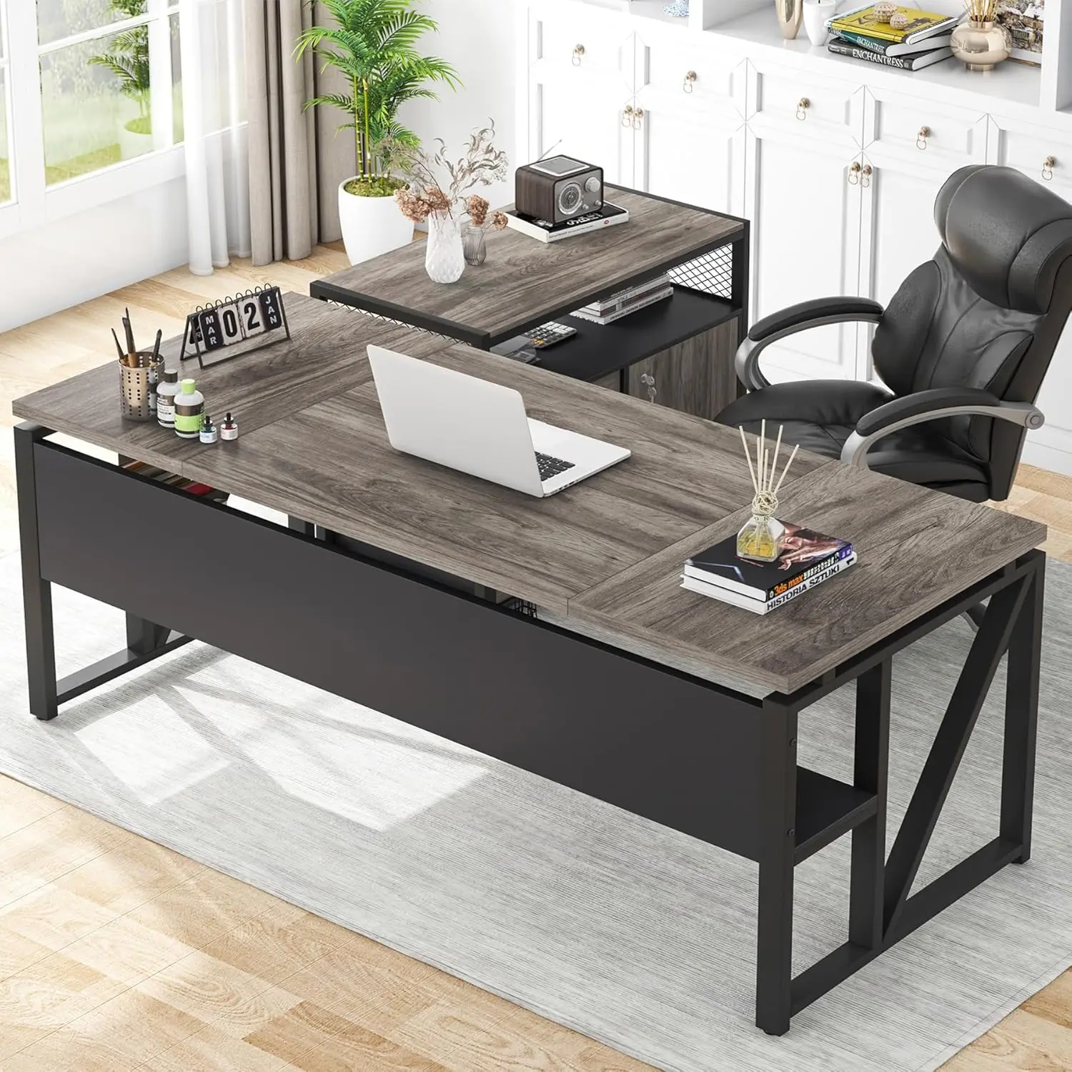 

L Shaped Desk With Drawer Cabinet, 63"" Executive Computer Desk And Lateral File Cabinet, 2 Piece Home Office Furniture With