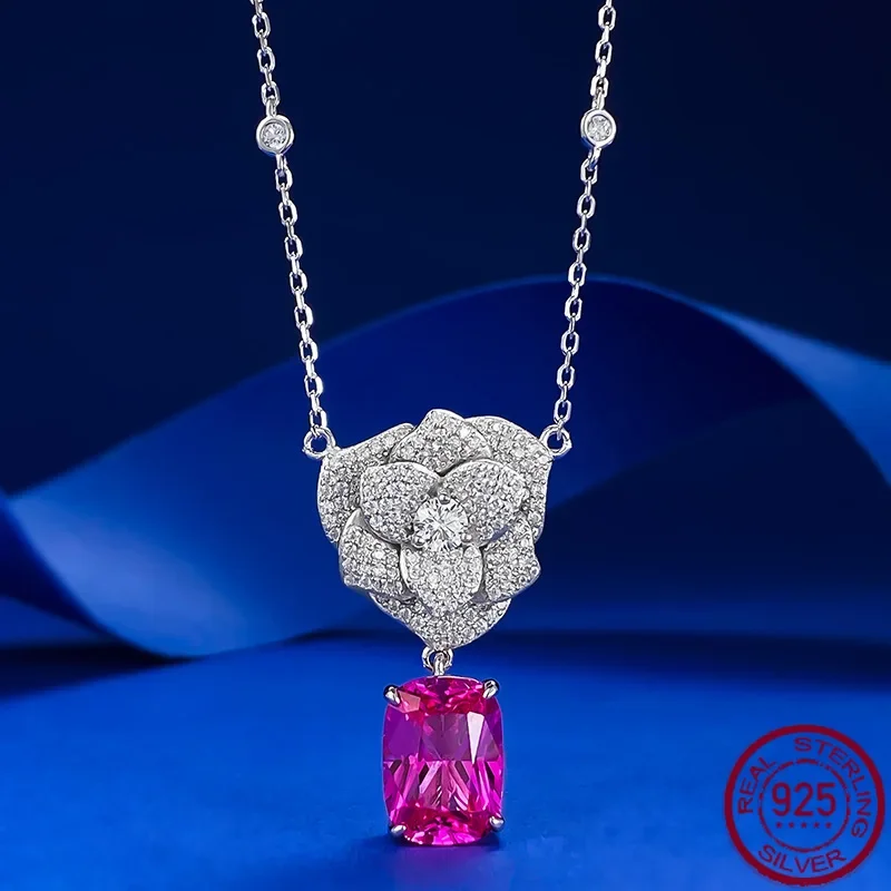 

New S925 Silver Micro Set Camellia 9 * 12 Rose Red Diamond Necklace Women's Clavicle Chain Pendant Wedding Jewelry