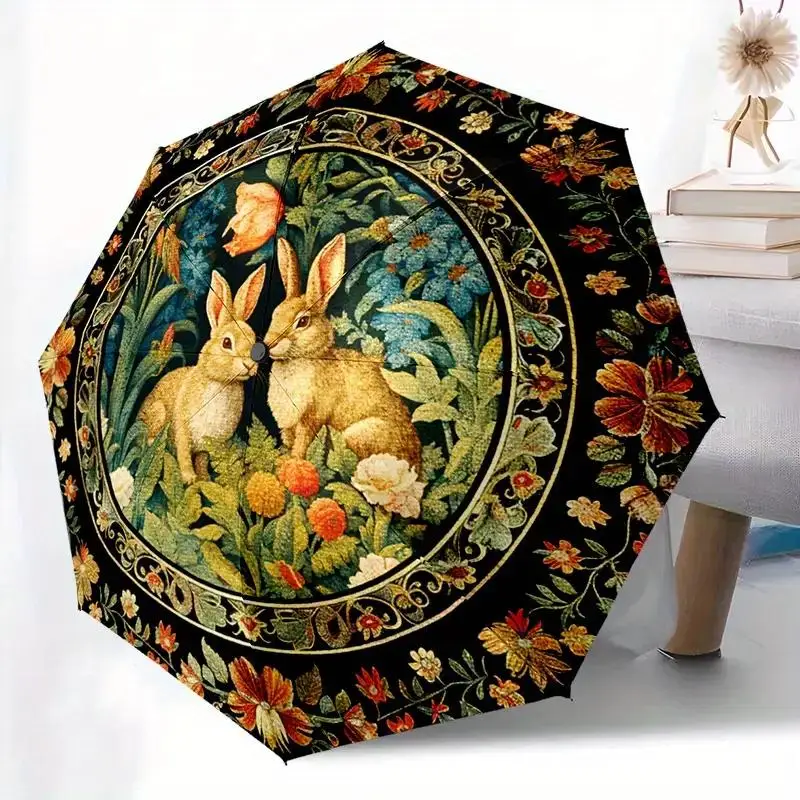 

Зонт винтажный с цветочным узором и изображением кролика, 8-спицевая прочная рама, складной механизм, всесезонный, для путешествий и активного отдыха