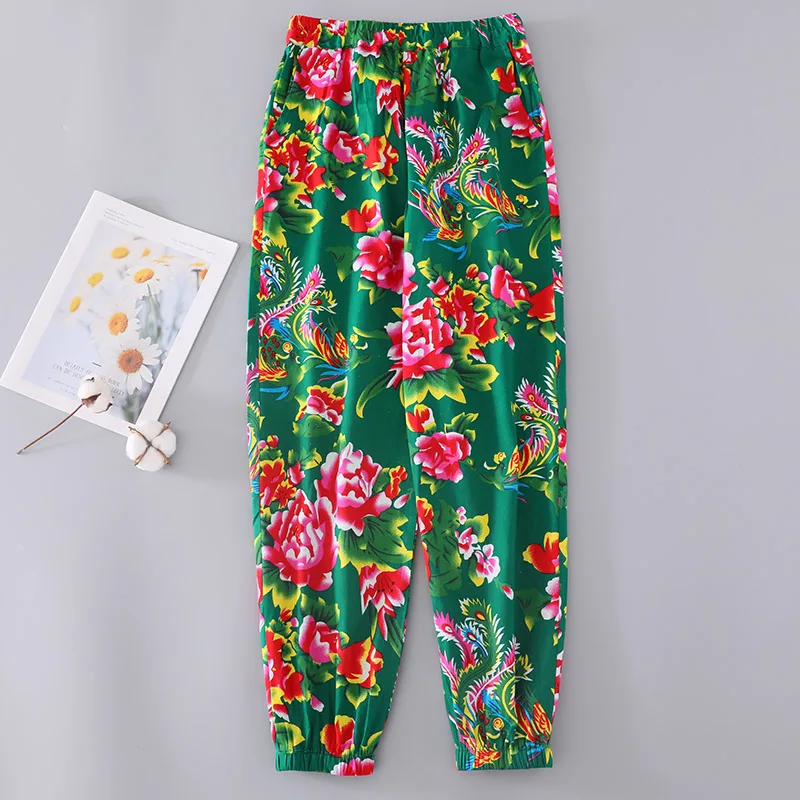 Mulheres homens floral impresso harem calças largas étnica chinesa baggy fantasia unisex traje desempenho corredores moletom