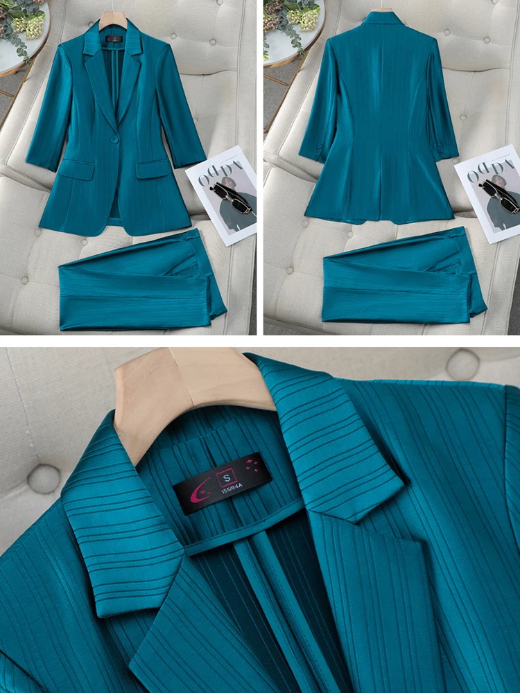 QOERLIN 5XL Two-Piece Pants Blazer Women Outfits Half Sleeve One Button Blazer Elegant Office Ladies Bussiness Suits Pants Sets