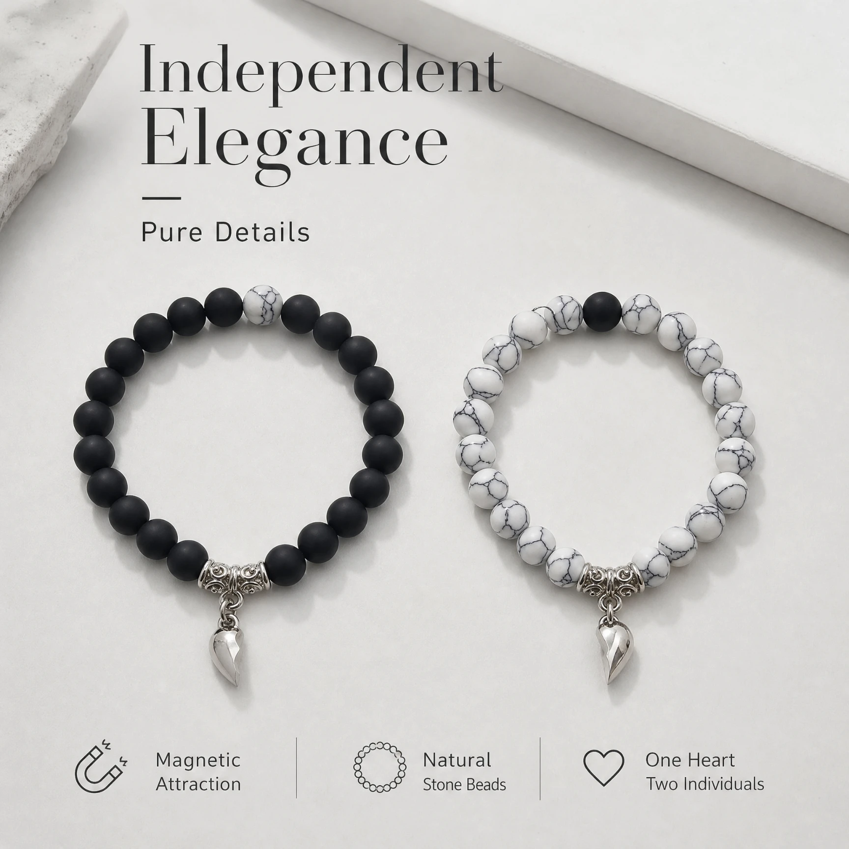 2Pcs/Set Beads Bracelet For Lovers Natural Stone Distance Heart Magnet Couple Bracelets Friendship Fashion Jewelry Gift