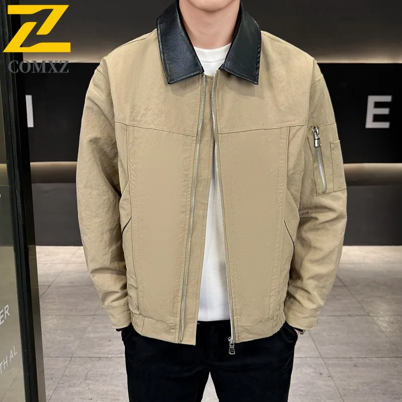 

COMXZ весенне-осенняя мужская новая куртка большого размера в американском стиле с цветными блоками и лацканами из смеси хлопка, уличное водонепроницаемое ветрозащитное пальто 2025