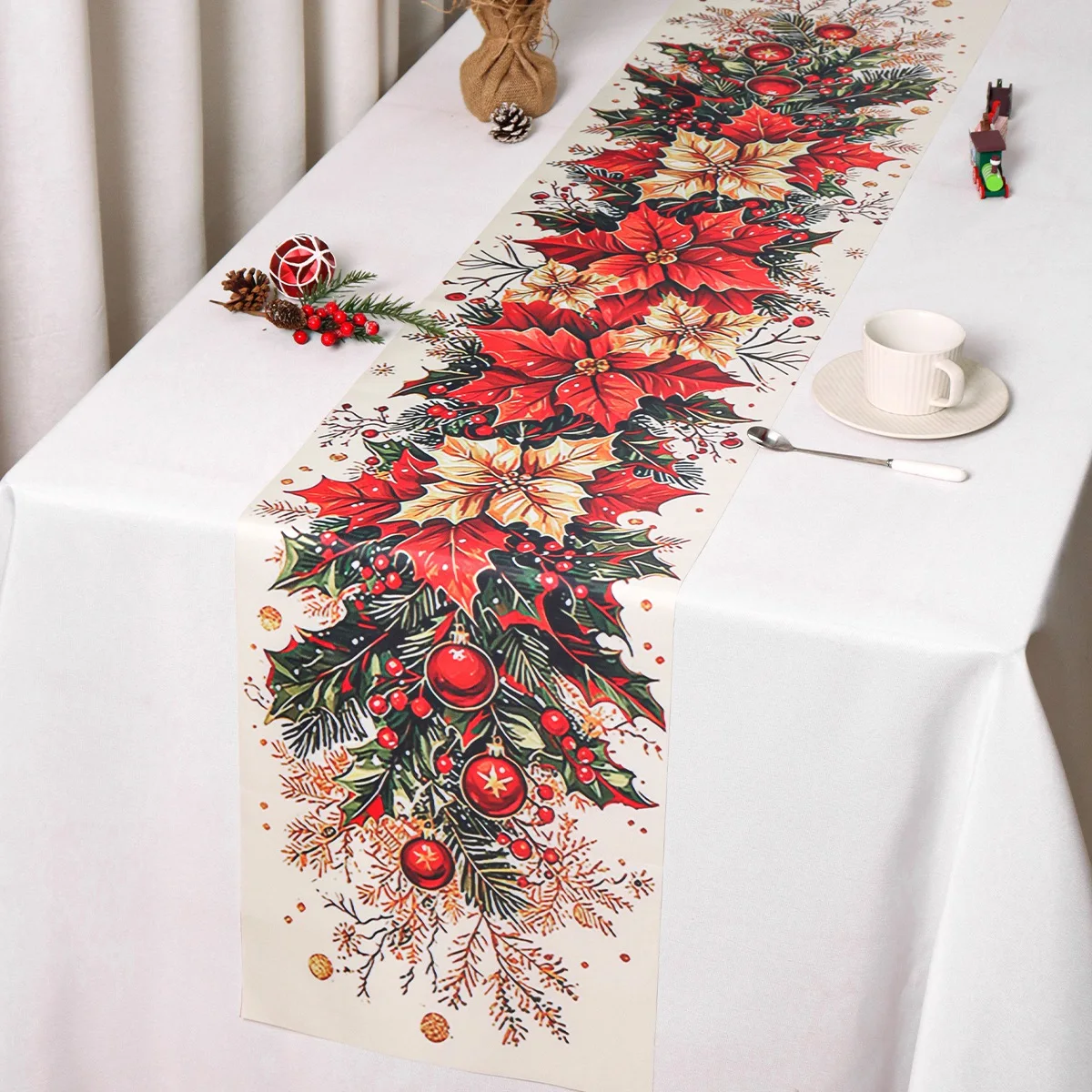 Retro Weihnachts-Tischläufer mit Weihnachtsstern- und Stechpalmen-Design aus Polyester, Festliche Partydekoration, Weihnachtsdekoration 2026 – Detail 1