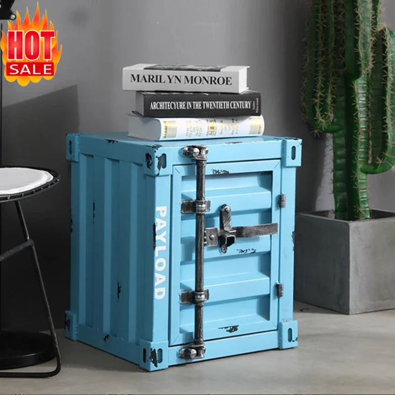 Retro Container Iron Bedside Table with Lock Storage Drawer Metal Bed Cabinet Nightstand Safe Box Home Hotel Bedroom Furniture