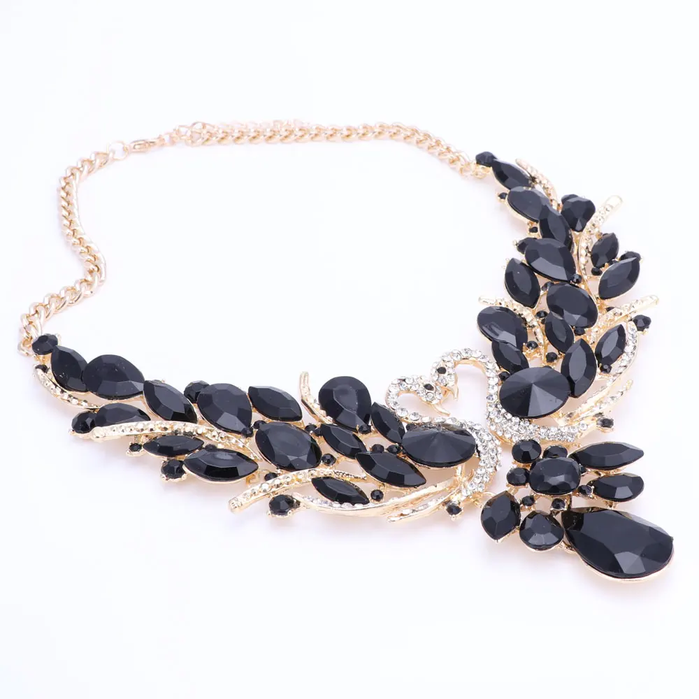 Black Crystal Bridal Jewelry Sets Gold Color Swan Pendant Necklace Women Gift Party Wedding Prom Necklace Earring Accessories