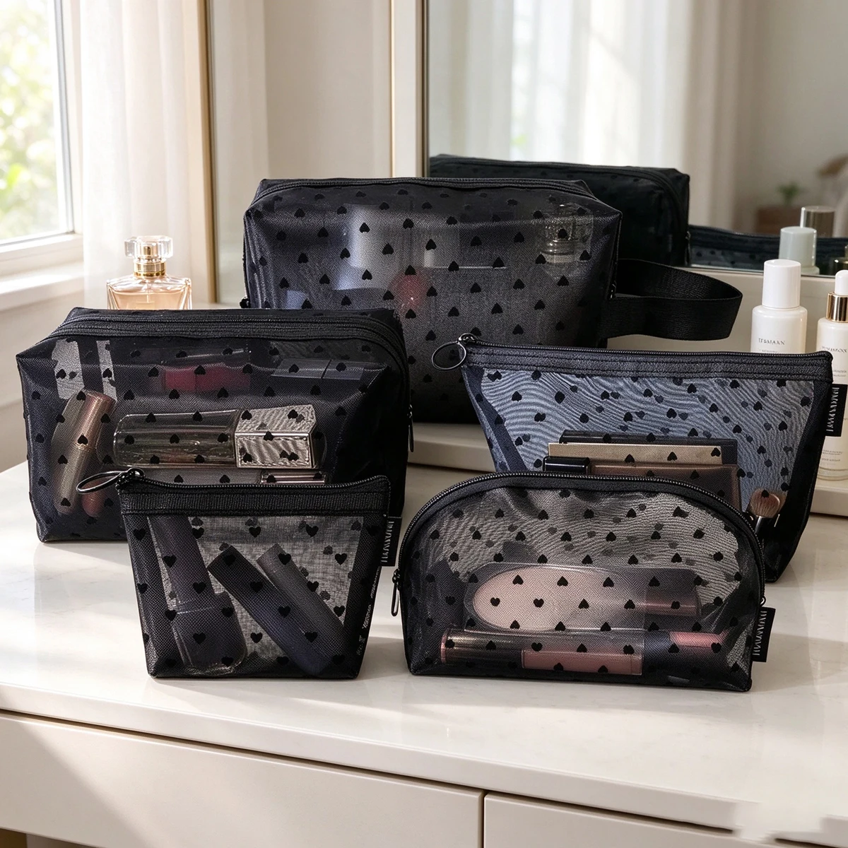 Heart Mesh Makeup Bag Transparent Cosmetic Pouch Travel Toiletry Organizer Storage for Lipstick Jewelry Women Makeup Bag