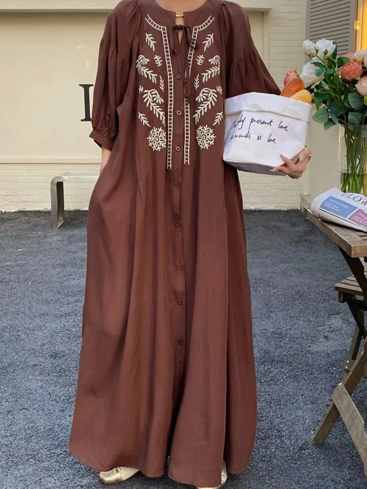 Luxury Court Style Buttons-down Embroidered Dress for Women Half Sleeves Casual Loose Fairy Long Dresses Boho Maxi Dresses