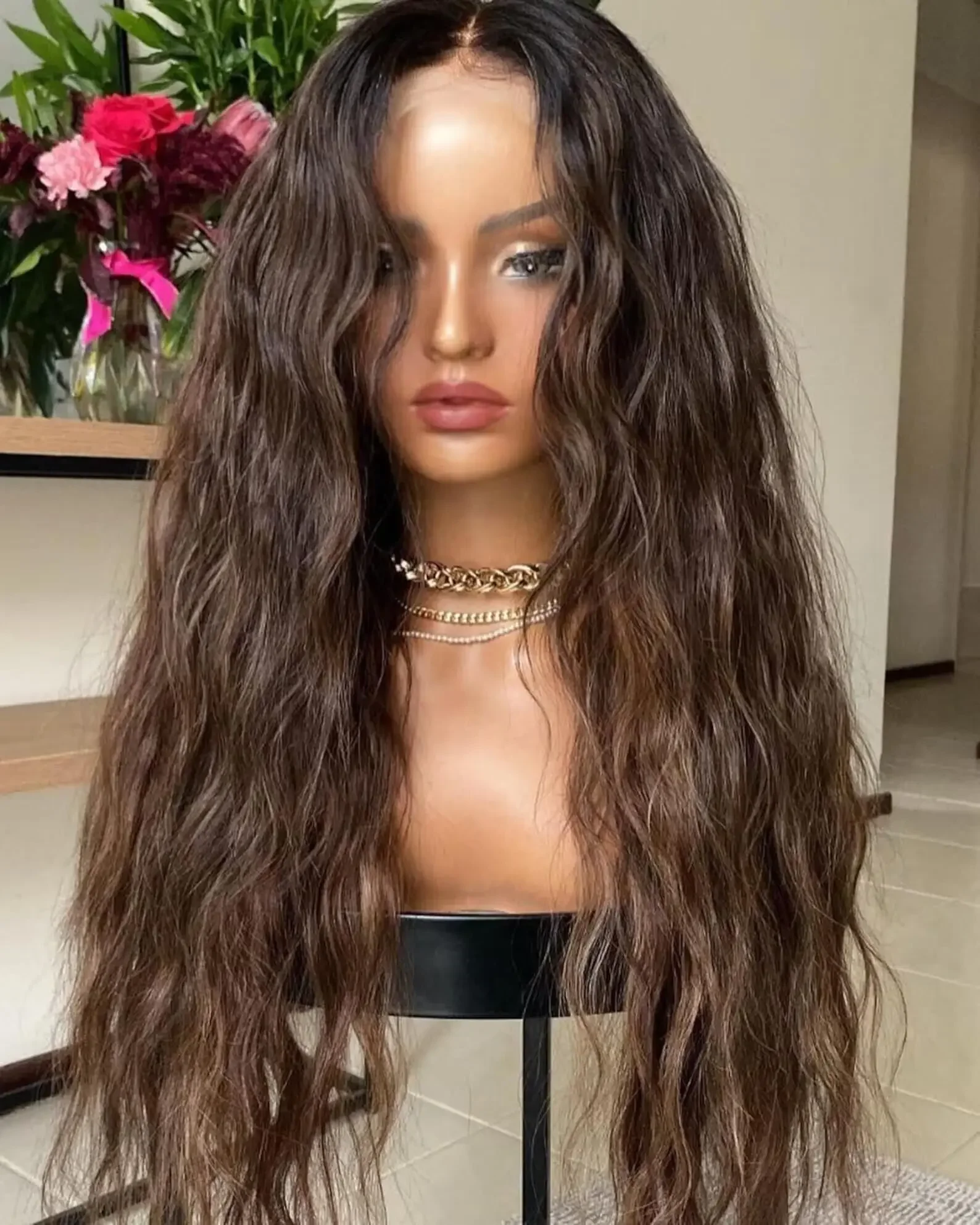 Long Brown 30Inch Glueless 200Density Body Wave Lace 5x5 Silk Base Human Hair Wig For Women BabyHair Preplucked