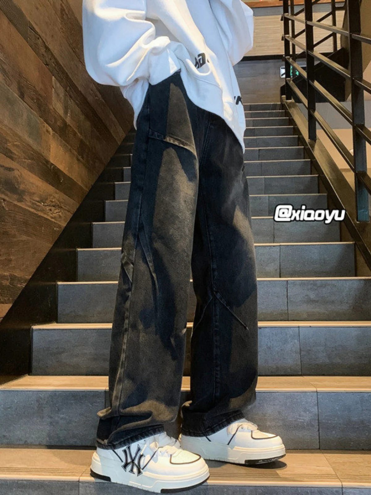 

Retro American Denim Jeans Men's Spring Autumn Trendy Design Wide Leg Loose Fit Waed out Sle Straight Tube Pants