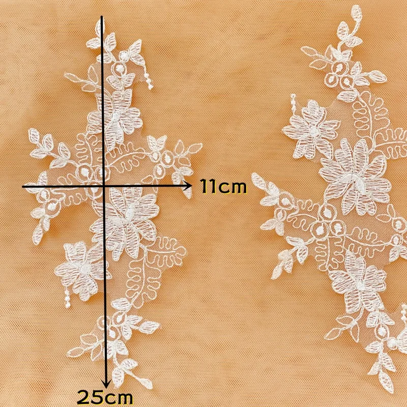 Silver Thread Lace Applique 2 Pieces Ivory White Bridal DIY Craft Embellishment
