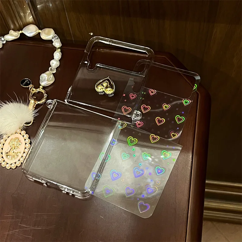 Fashion Transparent laser heart Phone Case For Samsung Galaxy Z Flip 6 5 4 3 Z Flip5 Flip6 Flip4 5G Cover with Chain Cases Funda