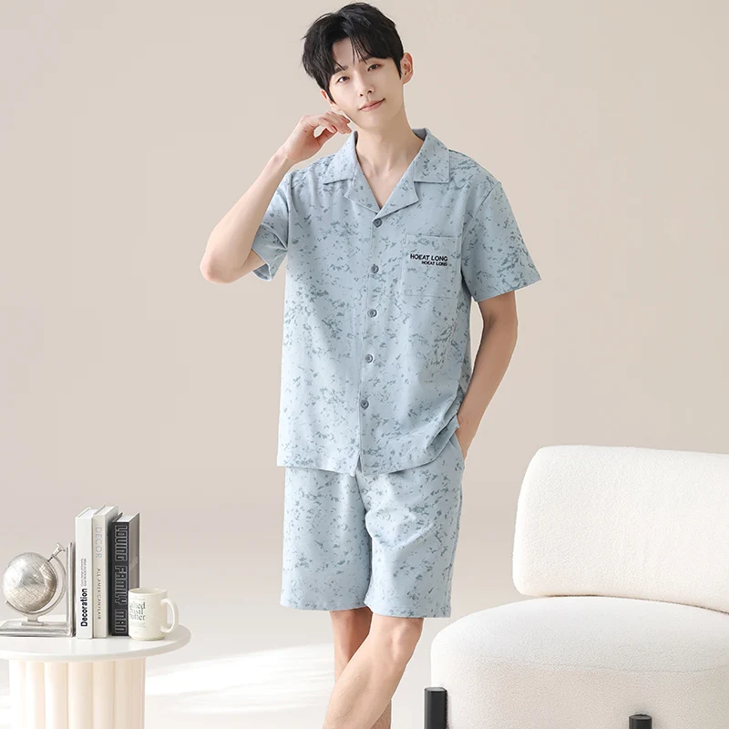 Big Size L-4XL Men Pajamas Set Summer Knited Cotton Pyjamas Male Turn-down Collar Short Sleeve Sleepwear