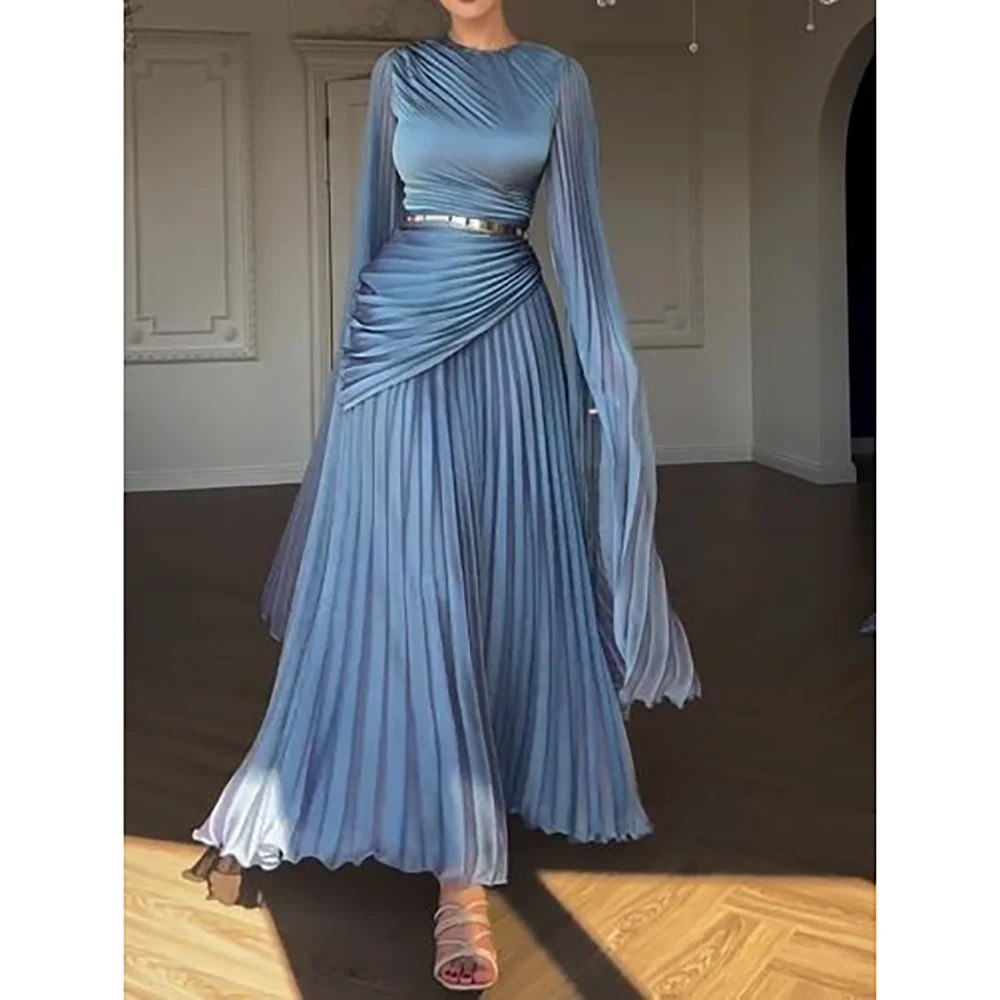 

Blue O Neck Long Sleeves Floor Length A Line Elegant Stylish Prom Gown Boutique High Quality Evening Dress
