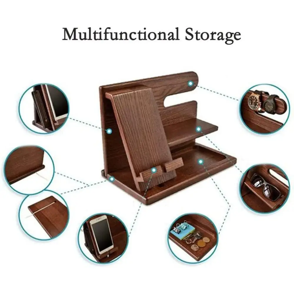 

Solid Wood Charging Phone Holder Space Saving Detachable Watch Organizer Stable Groove Design Keychain Wallet Storage Rack