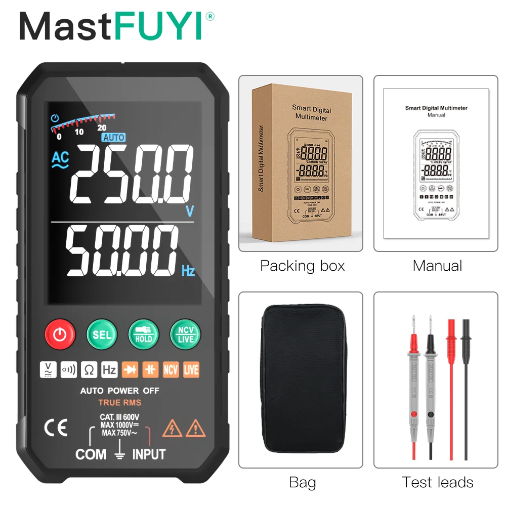 

MASTFUYI Digital Multimeter AC DC Voltage 6000 Counts True RMS Voltmeter Auto-Ranging Tester Non-Contact Voltage Detection Tools