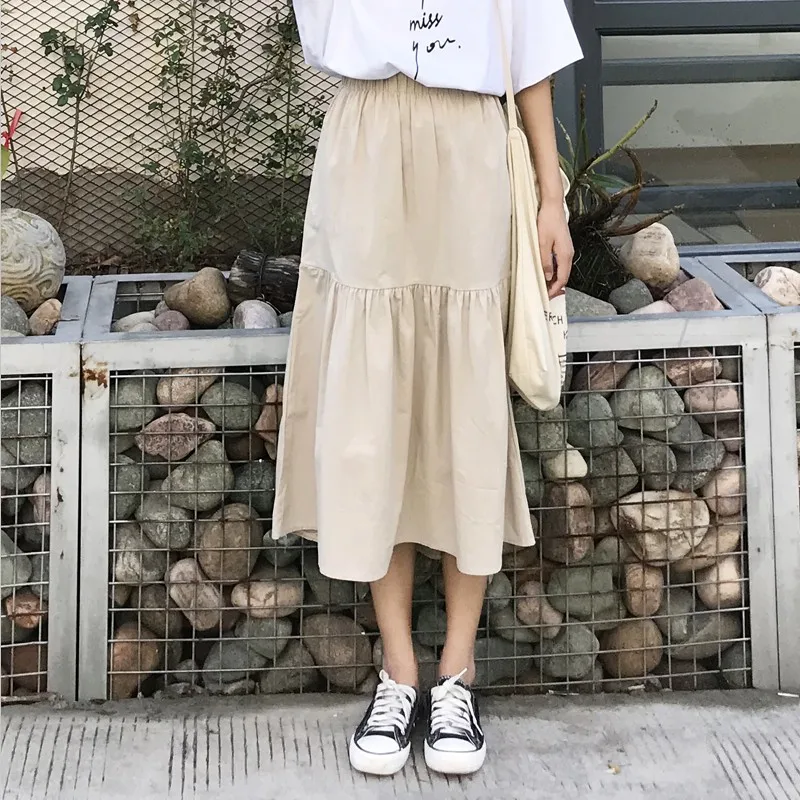 2026 New Spring Summer Women Skirts High Elastic Waist Cotton Linen Solid Casual Ruffles A-Line Skirt Preppy Style Fashion skirt