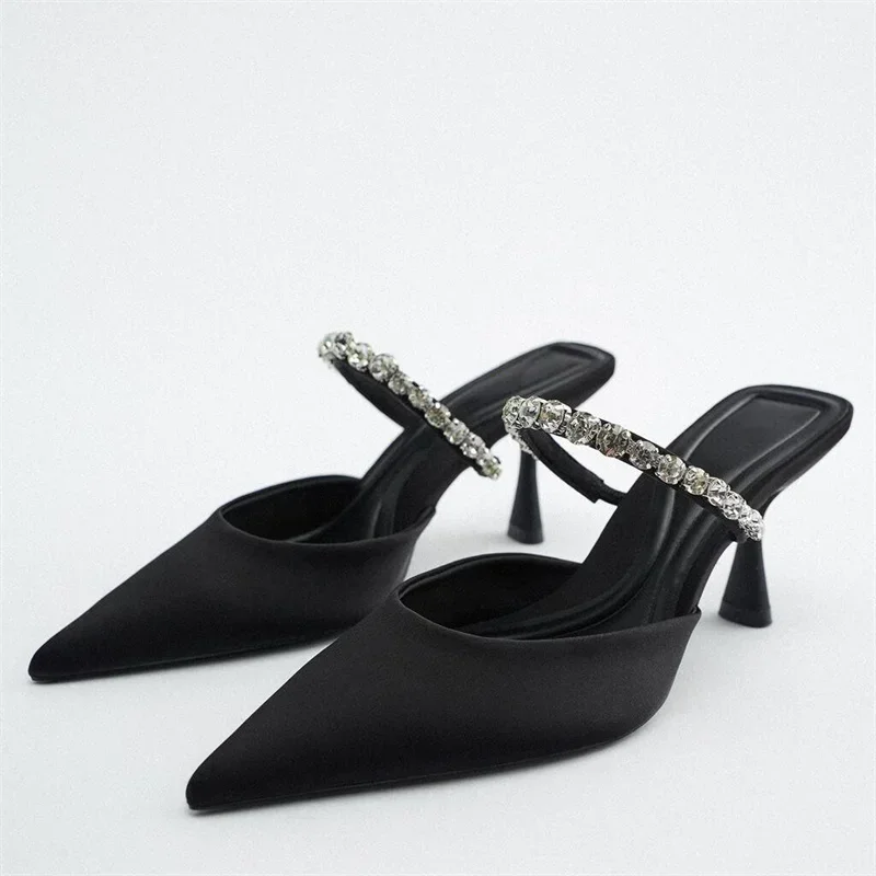 2024 Black Rhinestones Heeled Mules Pump for Women Elegant Sparkly Sandals Summer Slippers Women\'s Sexy High Heels Slingbacks