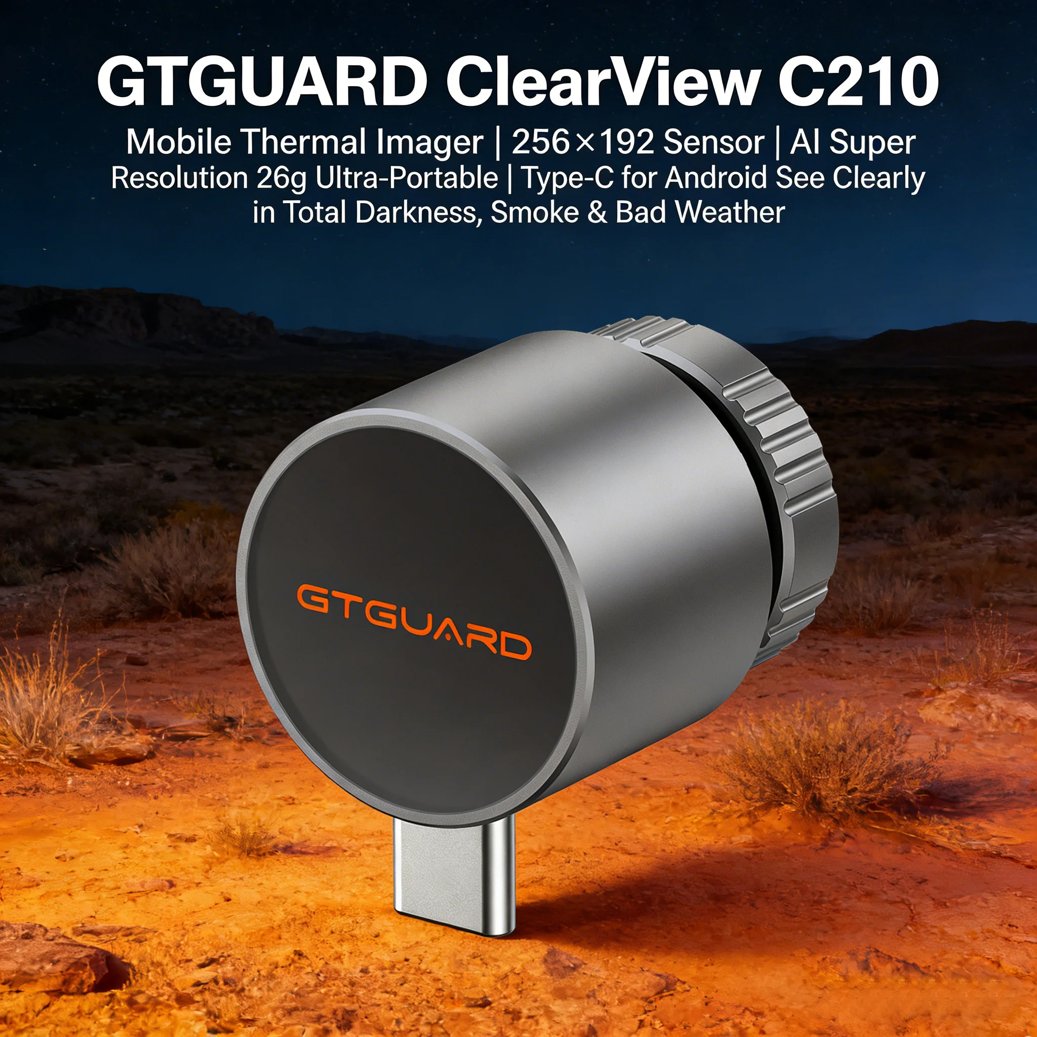 GTGUARD C210 Thermal Imager for Phone, 256×192(12µm) Sensor, AI Super Resolution, 26g Portable, Type-C, for Android, Hunting, Re