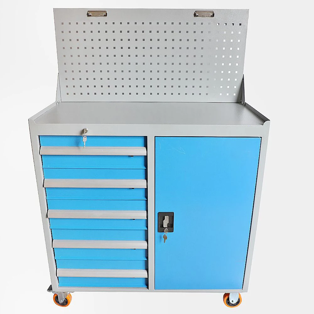 Blue And Gray Mobile 5 Drawers And 1 Door Workbench Tool Cabinets With Wheels And Hanging Plate
