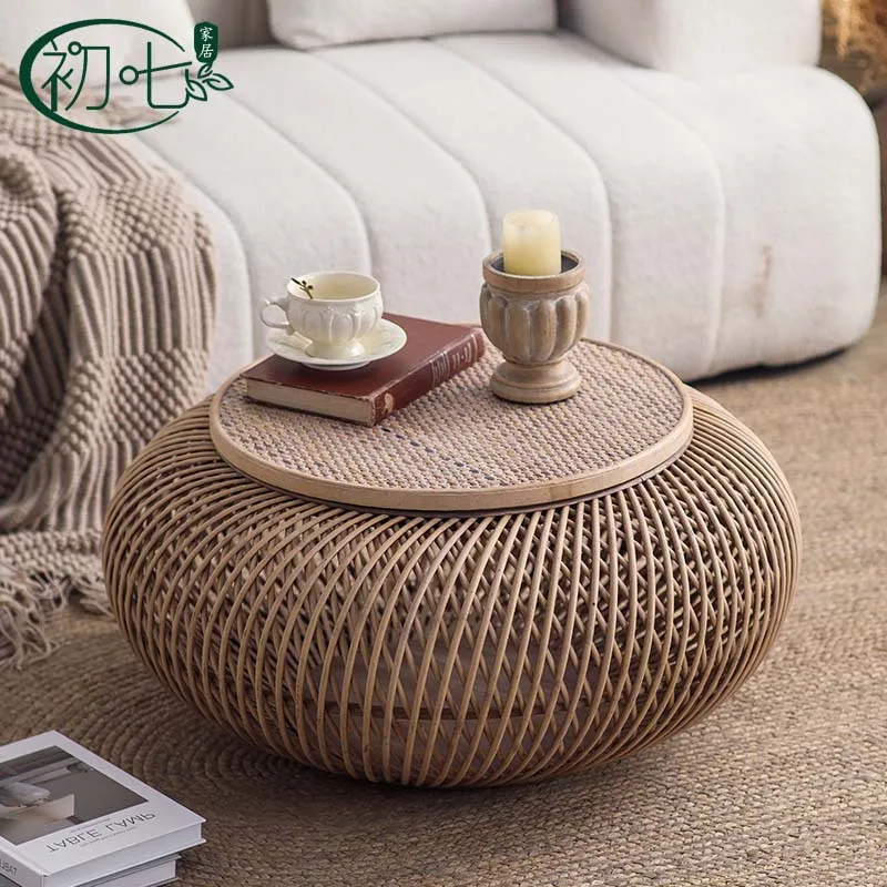 Hand-woven edge few log-colored bay window round tea table small apartment living room function rattan coffee table